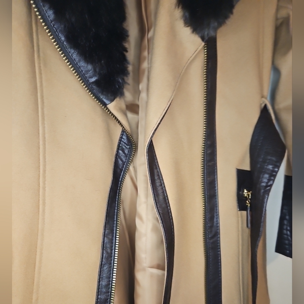 Y2K Vintage Via Spiga Camel Wool Leather Coat Faux Fur Collar Belted Women’s S12 - Picture 9 of 13